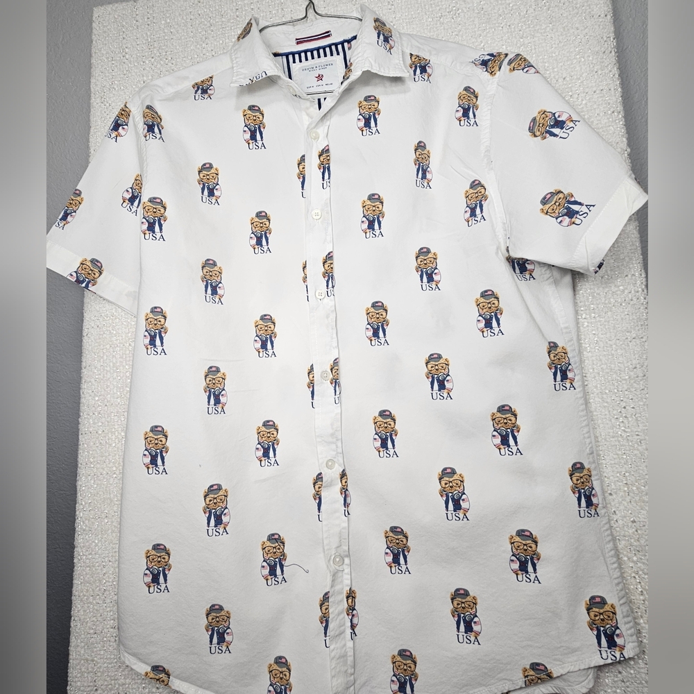 Denim & Flower Teddy Bear USA Print Button Down Shirt Men’s M Slim Fit